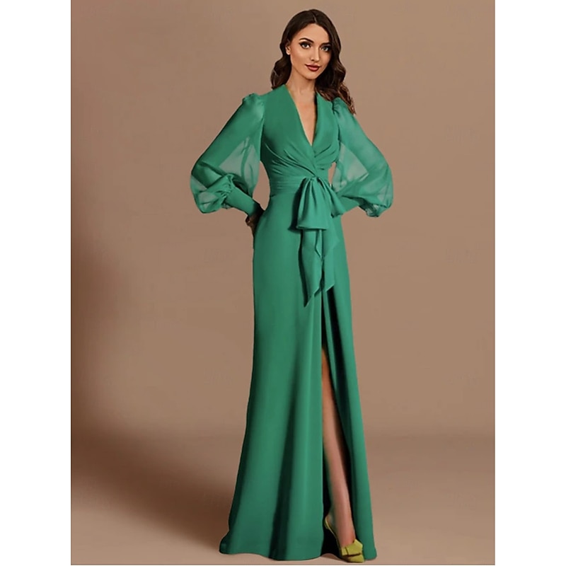 Mermaid / Trumpet Evening Gown Elegant Dress Formal Wedding Guest Sweep / Brush Train Long Sleeve V Neck Fall Wedding Guest Chiffon with Slit Strappy4