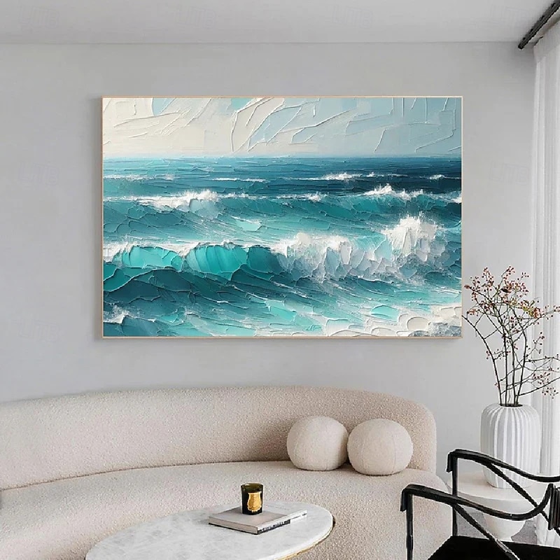 Handpainted  Blue Ocean Seascape Coastal oil painting hand painted Wall Art Abstract Beach Seascape Painting On Canvas for Living room Huge Extra Large seascape painting Wall Art Decor