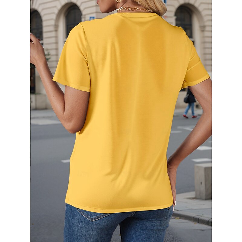 Women's T Shirt Solid Color Plain Stylish Casual Short Sleeve V Neck Regular Tops Daily Going out Weekend Print Black White Yellow Green off-white Summer Spring2