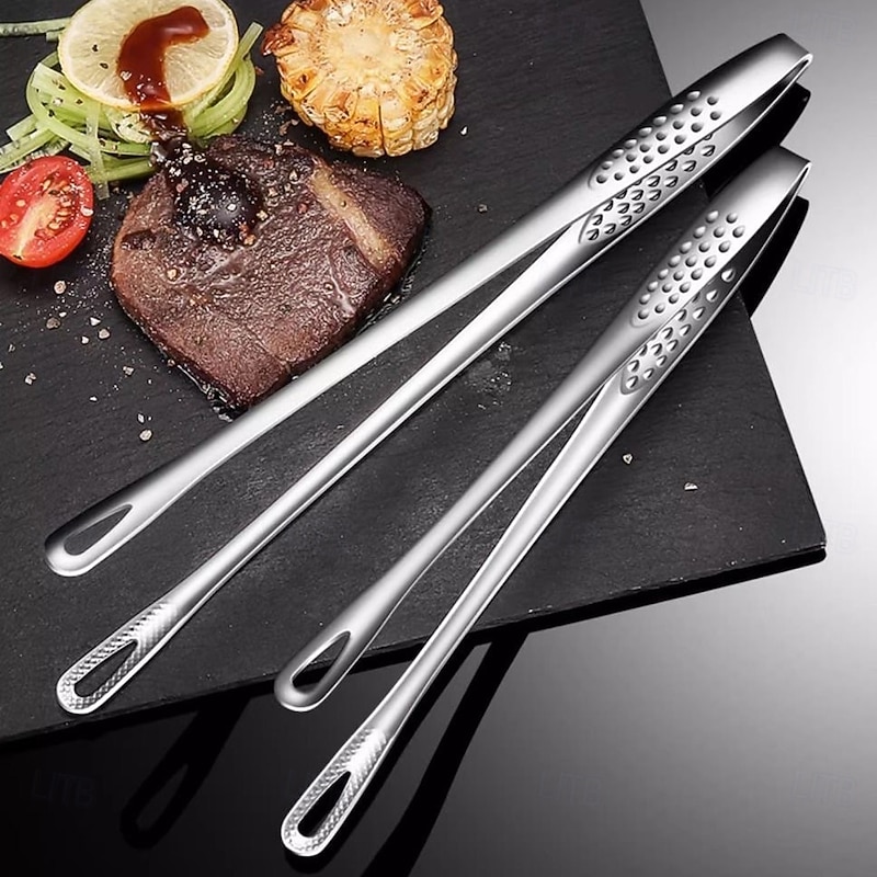 304 Stainless Steel Yakitori Grill Tongs - Japanese BBQ Rotating Lock Clip for Charcoal, Campfire & Teppanyaki | Non-Slip Teeth + Heat-Resistant Silicone Grip