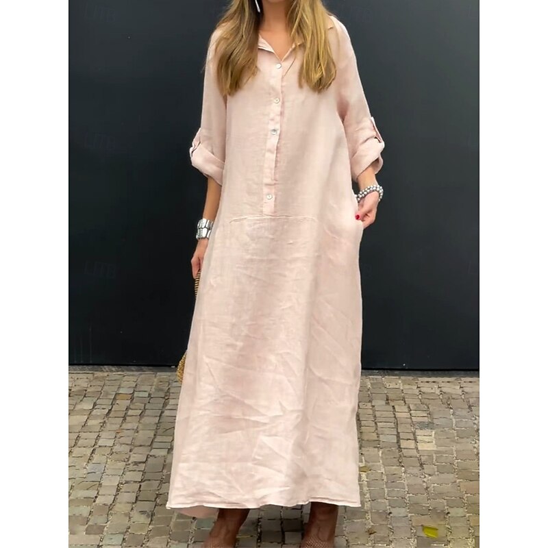 Women's Maxi Dress Shirt Dress Casual Dress Basic Casual Vacation Daily Regular Fit Plain Long Sleeve Shirt Collar Pink Green Gray Summer