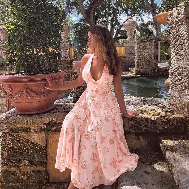 Retro Vintage 1950s Midi Dress Flare Dress Halter Floral A-Line Fit & Flare Swing Fancy Dress Women's Halloween Carnival Wedding Vacation Tea Party Adults' Dress4