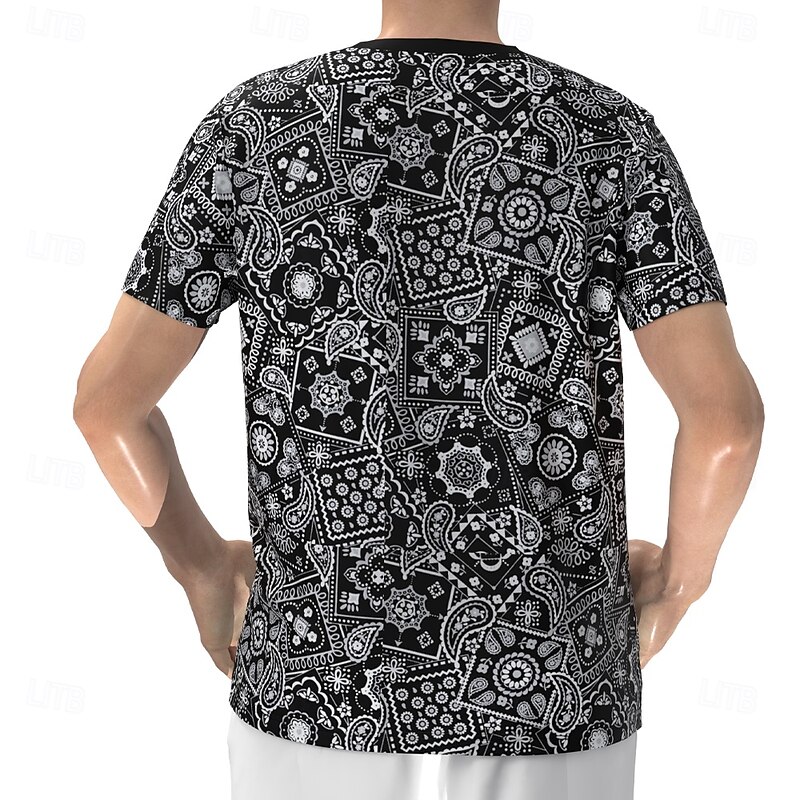 Men's Ethnic Flowers T Shirt Henley Shirt Short Sleeve Designer Retro Vintage Street Casual Daily Summer Spring Black Henley Henley T-Shirt2