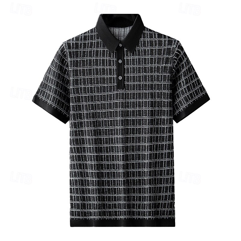 Men's Polo Knit Polo Sweater Business Casual Lapel Short Sleeve Formal Office Plaid Checkered Patchwork Summer Black Light Green Dark Green Orange Polo