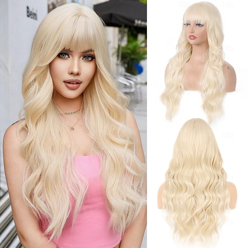 Wig with Bangs for Women Long Wavy Curly Wig Heat Resistant Synthetic Wig for Girls Daily Use Party Halloween Cosplay Wig