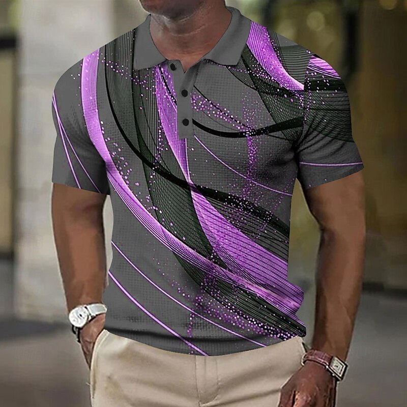Men's Geometic Line Waffle Polo Shirts Short Sleeve Polo Shirts Collared Shirts Business Casual Outdoor Street Dailywear Athleisure Buttons 3D Print Summer Blue Purple Orange4