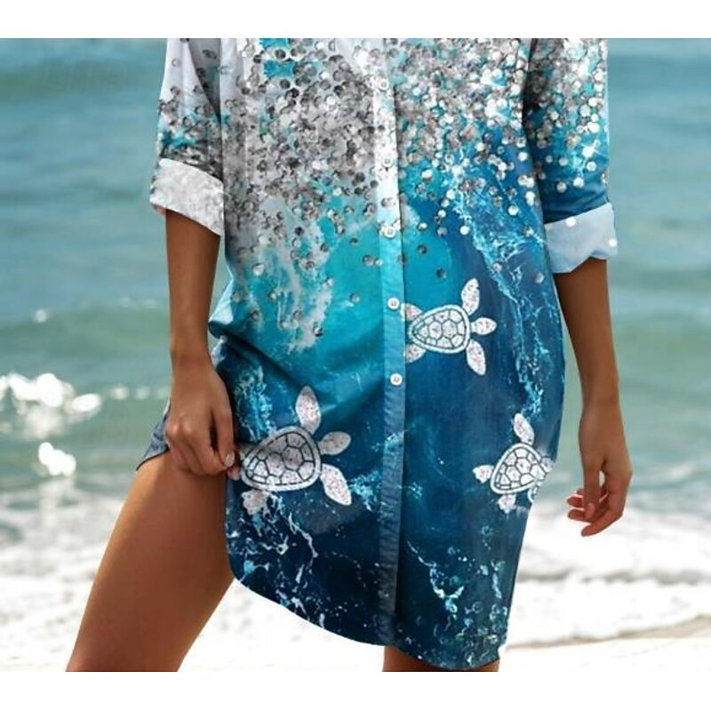 Women's Mini Dress Shirt Dress  Graphic Elegant Vintage Tropical Long Sleeve Shirt Collar Long  Buttons Print Blue Summer Spring3