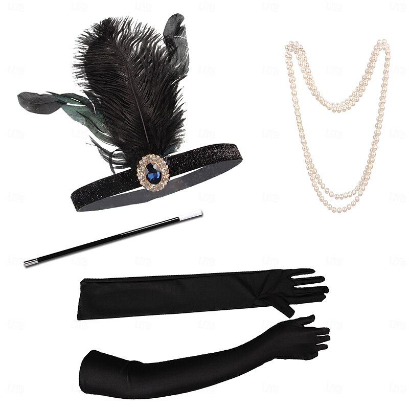 Roaring 20s 1920s Flapper Headband Accesories Set The Great Gatsby Charleston Feather Fancy Dress Women's New Year Masquerade Party Bachelorette Party Adults' 1 Necklace Gloves Headwear2