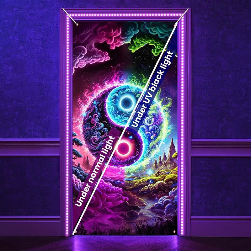 Blacklight Door Decorations Door Covers Glow in the Dark Taichi Zen Door Tapestry Door Curtain Decoration Backdrop Indoor/Outdoor Door Banner for Front Door Farmhouse2