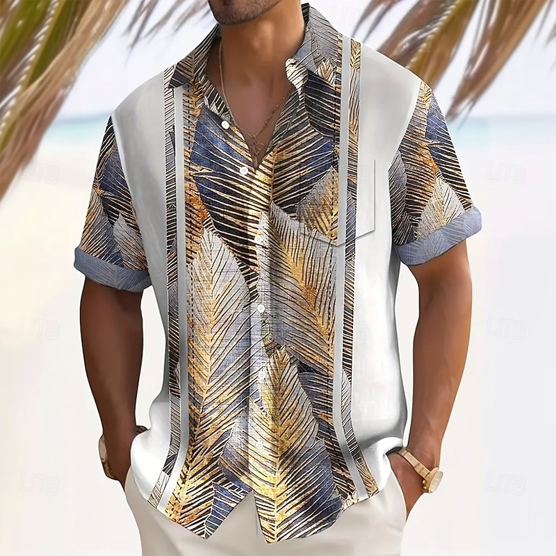 Men's Striped Palm Leaf Tropical Plants Summer Hawaiian Shirt Button Up Shirt Short Sleeve Hawaiian Resort Vacation Holiday Beach Wear Summer Spring Turndown Collared Shirts Front One Pocket White