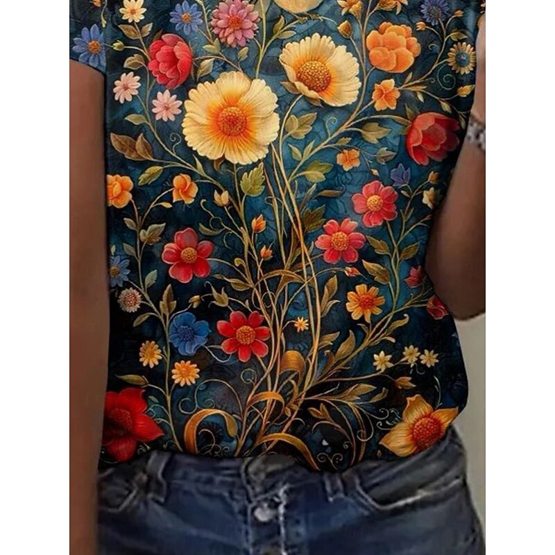 Women's T Shirt Floral Casual Short Sleeve Round Neck Regular Tops Daily Print Blue Green Summer3