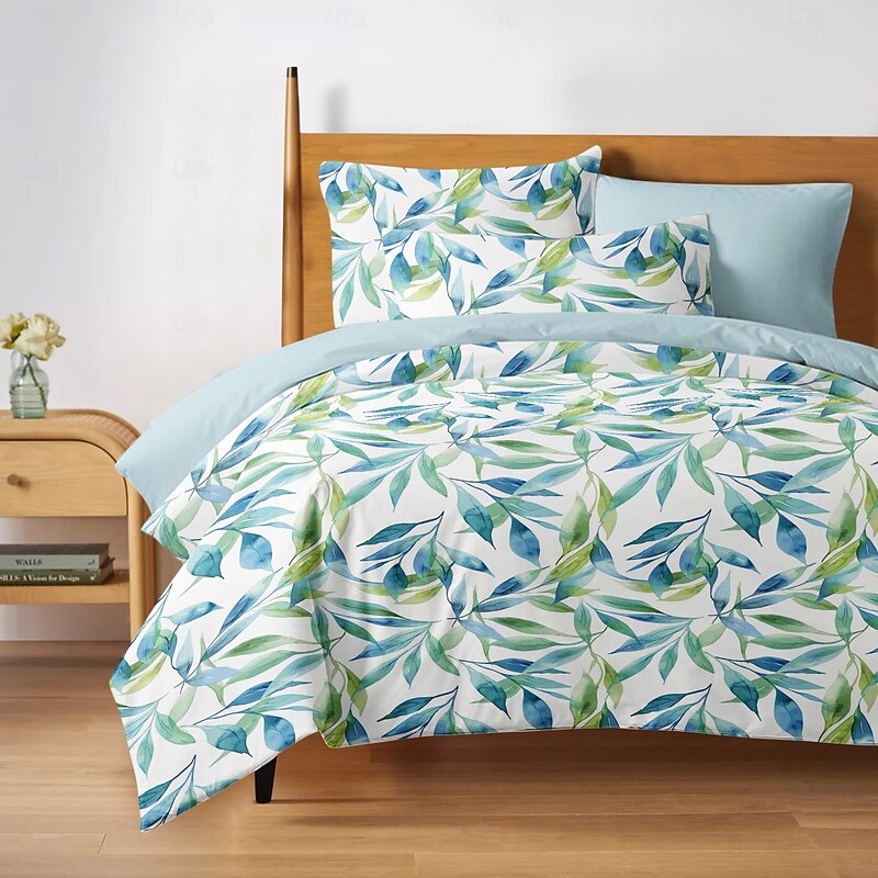 Flower Leaves Duvet Cover Full Size Bedding Set Bed Sets Quilt Cover Soft Lightweight Comforter Cover with 2 Pillowcases for Summer Spring