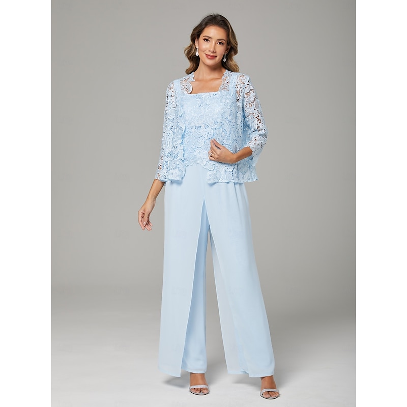 Pantsuit 3 Piece Mother of the Bride Dress Formal Wedding Guest Elegant Wrap Included Square Neck Floor Length Chiffon Lace Sleeveless Wrap Included with Appliques