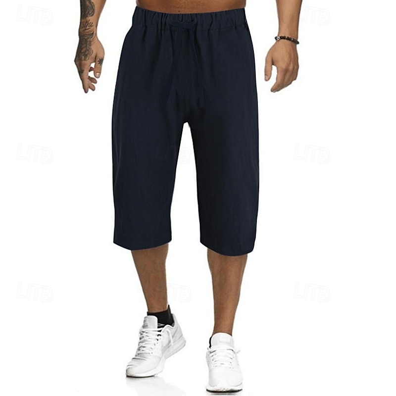 Men's Shorts Linen Shorts Summer Shorts Beach Shorts Capri Pants Pocket Drawstring Elastic Waist Plain Comfort Breathable Calf-Length Outdoor Home Daily Fashion Classic Style Black White4