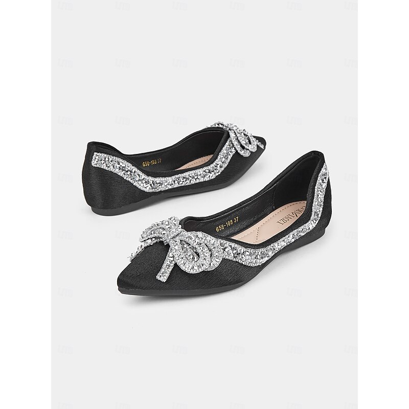 Black Flats with Rhinestone Bow Detail - Elegant Pointed Toe Shoes for Women - Comfortable for Weddings or Parties4