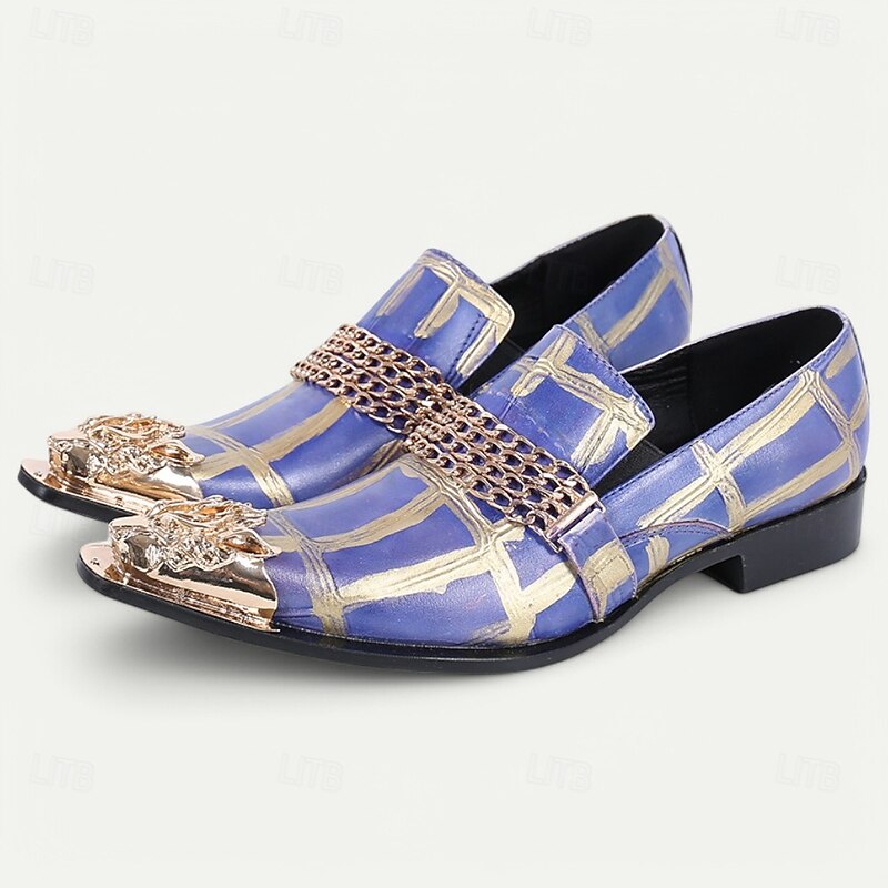 Men's Premium Cowhide Leather Loafers with Gold Tip Artistic Blue and Gold Geometric Design, Chain Detail, and Metallic Lion Head–Luxury Slip-On Shoes for Special Occasions and Evening Wear2