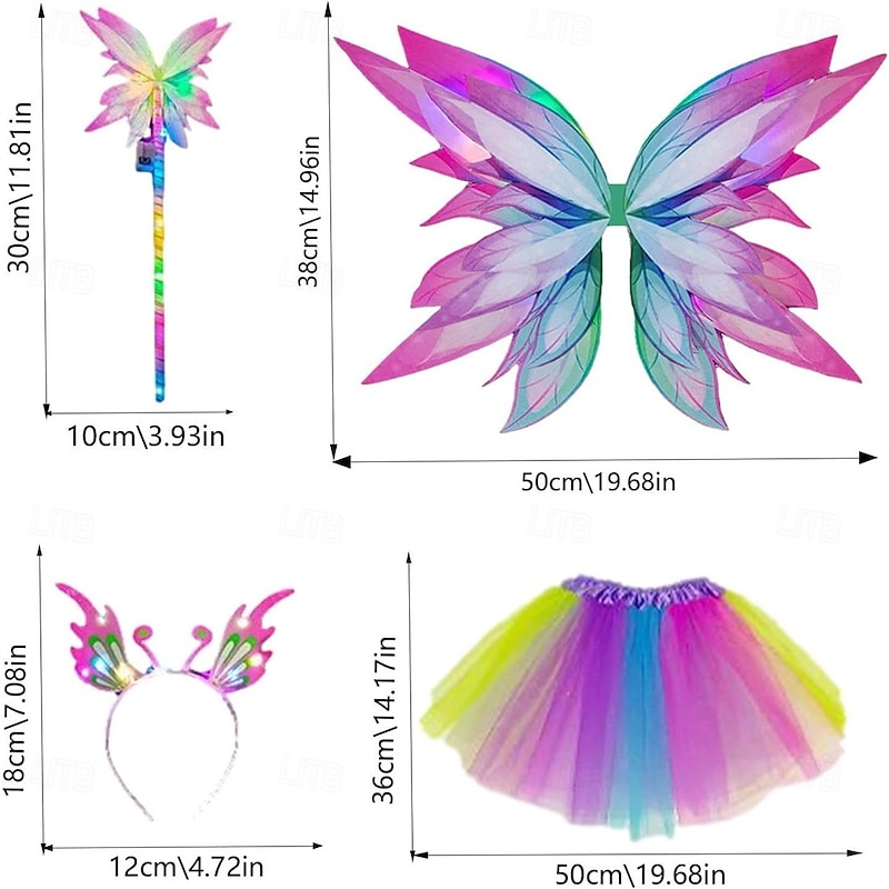 Carnival Elegant Light-Up Fairy Costume for Girls – 4PCS Dress-Up Set with Soft Rainbow Butterfly Wings Perfect for Princess Play Carnival Deoration3