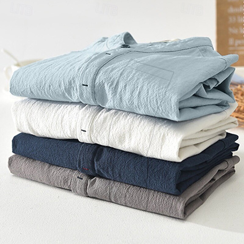 Men's Linen Shirt Band Collar Shirt Summer Shirt Beach Wear Plain Casual Daily White Royal Blue Blue Gray Short Sleeve Stand Collar Summer Clothing Apparel