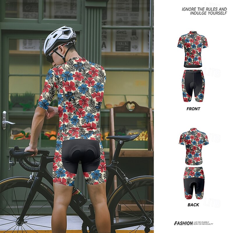 Men's Cycling Jersey with Shorts Floral Botanical Short Sleeve Bike Clothing Suit with 3 Rear Pockets Mountain Bike MTB Road Bike Cycling Front Zipper Sweat wicking Comfortable Breathable Sports3
