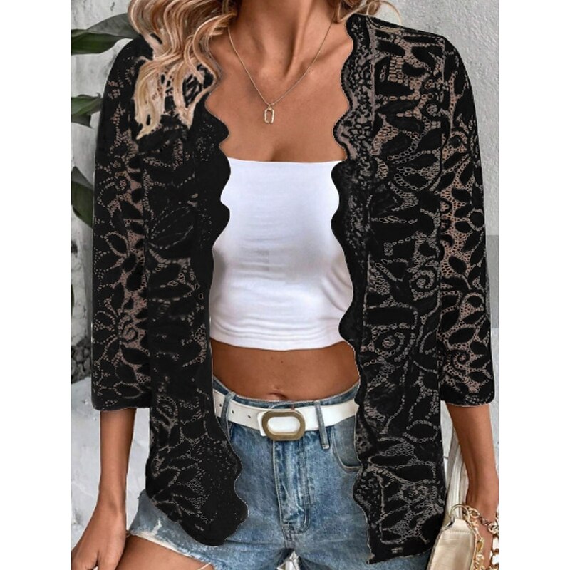 Women's Outerwear Casual Jacket Breathable Comfortable Lace Patchwork Casual Plain Vacation Street Daily Wear Going out Open Front Collarless Regular Fit 3/4 Length Sleeve Outerwear Black White4