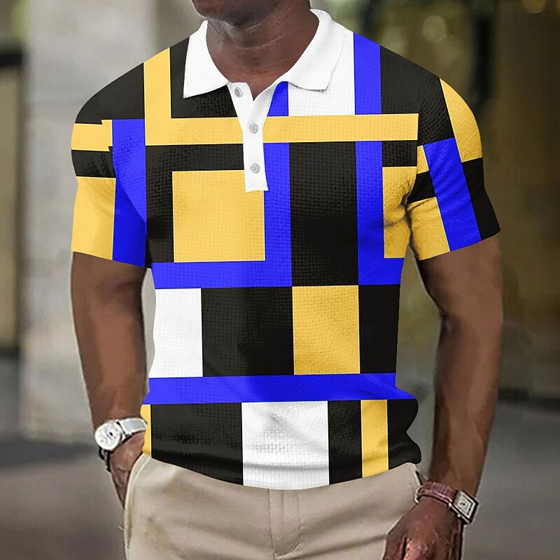 Men's Geometic Waffle Polo Shirts Short Sleeve Polo Shirts Collared Shirts Business Casual Athleisure Wear to work Daily Wear Buttons 3D Print Summer Red Blue Sky Blue3