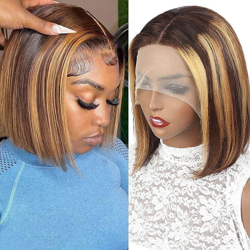 Highlights 13x4x1 T Part Lace Front P4/27 Short BOBO Straight Hair lace wig 150% density