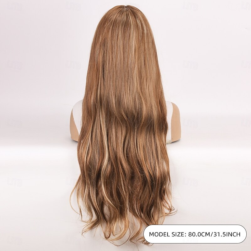 Synthetic Wig Wavy Curly Weave Layered Haircut With Bangs Machine Made Wig Long A1 Synthetic Hair Women's Classic Comfortable Color Gradient Brown4