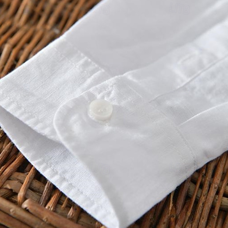 Men's Shirt Linen Shirt Casual Shirt Button Up Shirt Cotton Shirt Plain Vacation Hawaiian White Navy Blue Khaki Gray Long Sleeve Grandad Collar Spring Fall Clothing Apparel Button-Down4