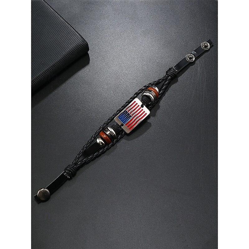 Men's Leather American Flag Bracelet – Stylish Braided Strap with Metal and Wooden Accents for Casual and Patriotic Occasions4