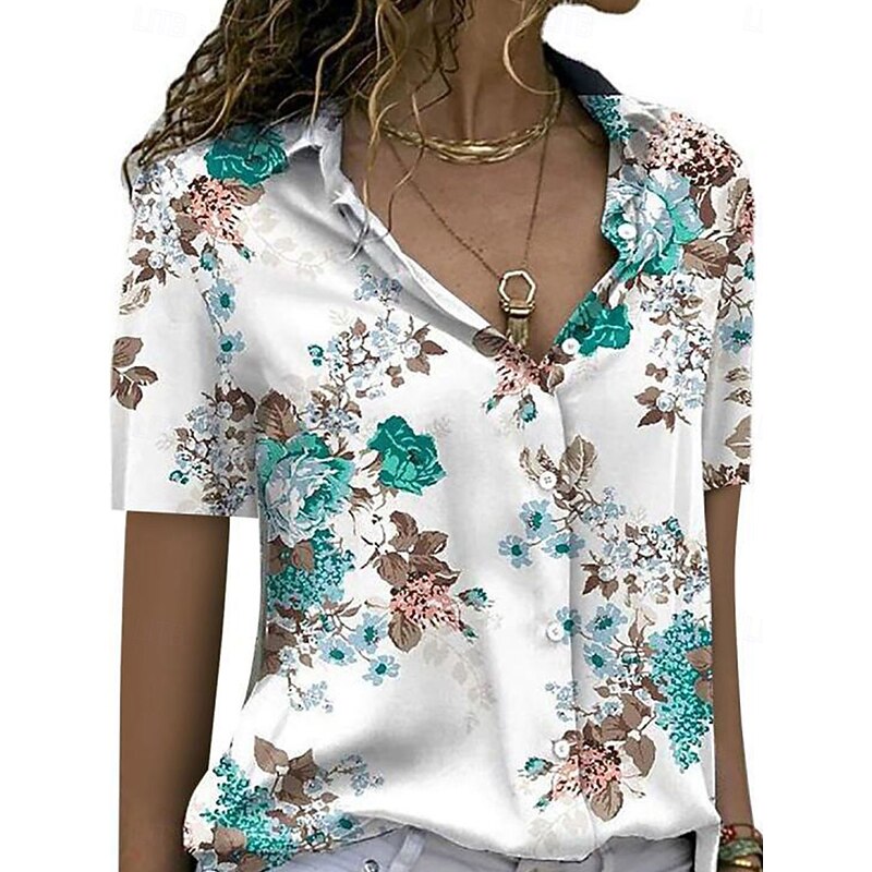 Women's Shirt Blouse Graphic Elegant Stylish Casual Short Sleeve Shirt Collar Regular Tops Work Daily Holiday Buttons Blue Purple Green Summer Spring