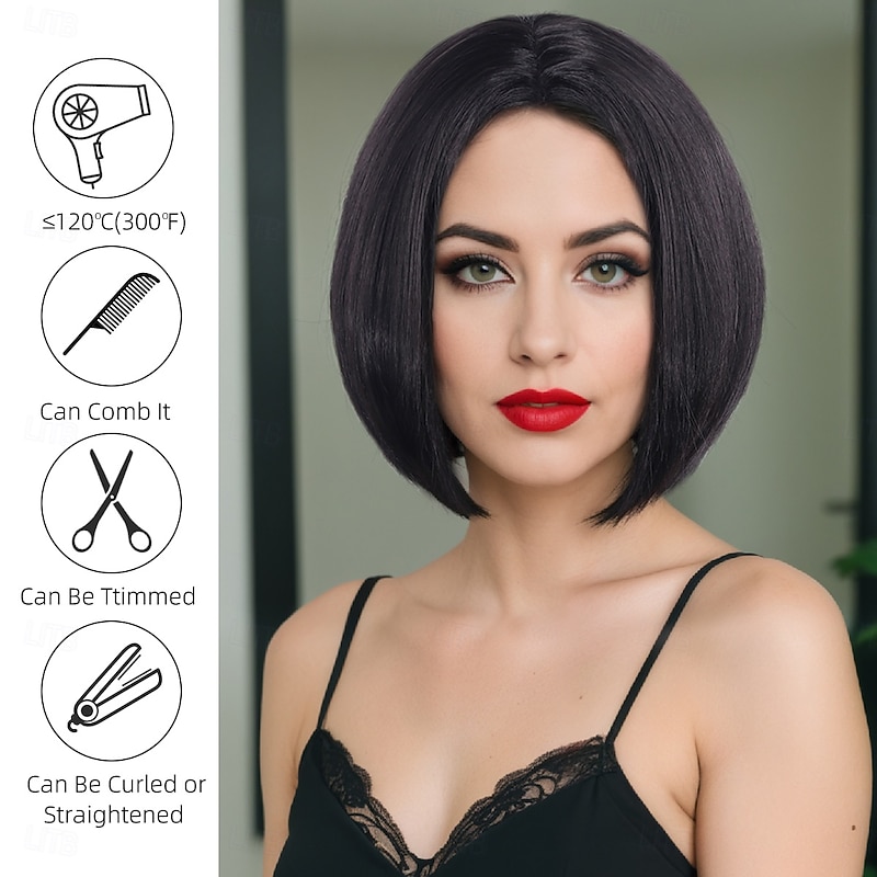 Synthetic Wig Straight With Bangs Machine Made Wig Short Black Synthetic Hair Women's Soft Party Comfortable Black Multi-color3