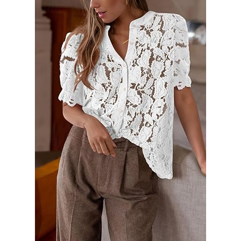Women's Boho Shirt Lace Shirt Dressy Tops Lace Tops Solid Color Elegant Cute Hawaiian Short Sleeve Lantern Sleeve Crew Neck Regular Tops Daily Holiday Going out Lace Buttons Black White Light Green3