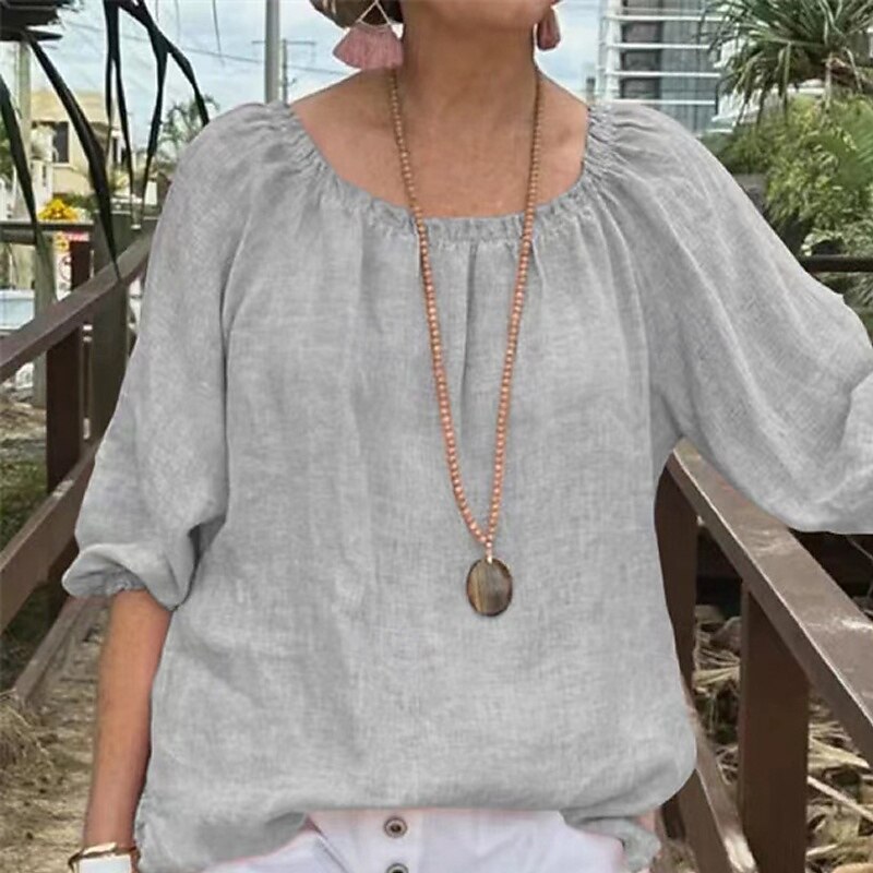 Women's Shirt Linen Shirt Cotton Linen Shirts Plain Daily Stylish Basic Long Sleeve Crew Neck Regular Tops Work Daily Holiday Yellow Green Light Grey Spring Fall4