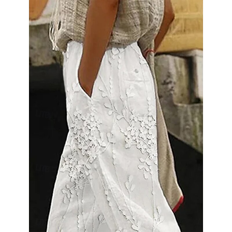 Women's Cotton Linen Pants Baggy Pants Linen Like Fashion Streetwear Full Length High Waist Floral Printing Thermal Warm Breathable Soft Micro-elastic Outdoor Daily Linen Like White Fall Winter3