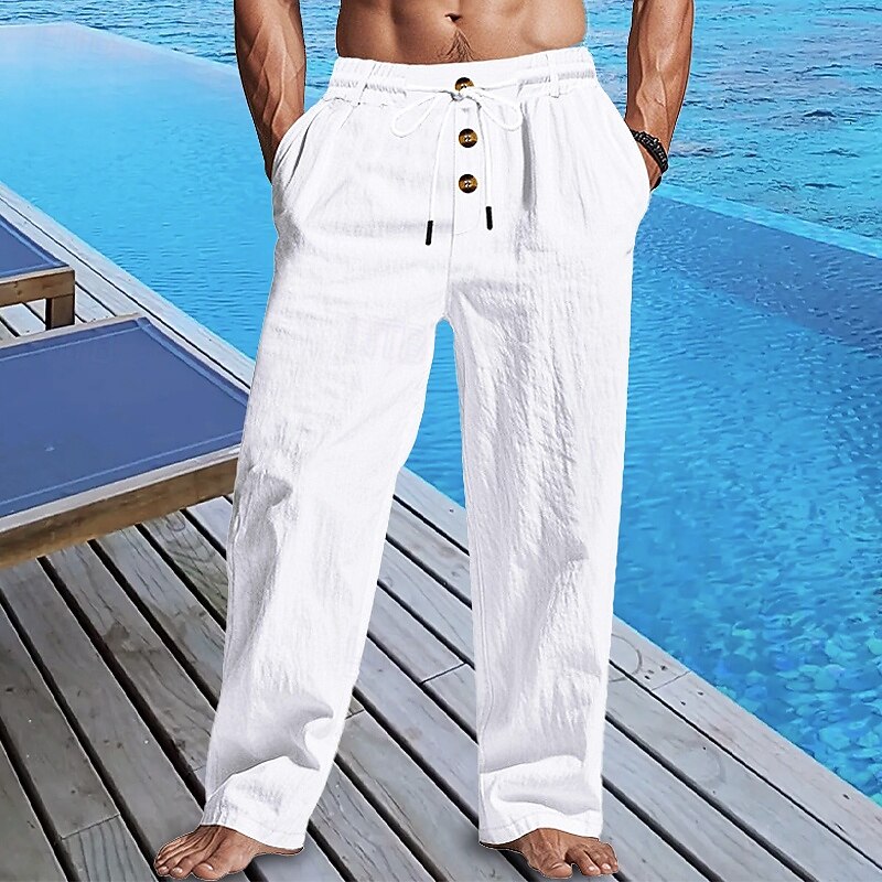 Men's Linen Pants Trousers Summer Pants Beach Pants Buttons Pocket Drawstring Plain Comfort Breathable Vacation Daily Holiday Hawaiian Boho Black White