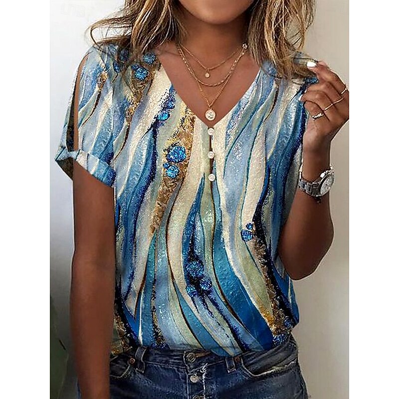 Women's Blouse V Neck Ombre Graphic Striped Casual Short Sleeve Regular Tops Daily Buttons Print Blue Summer