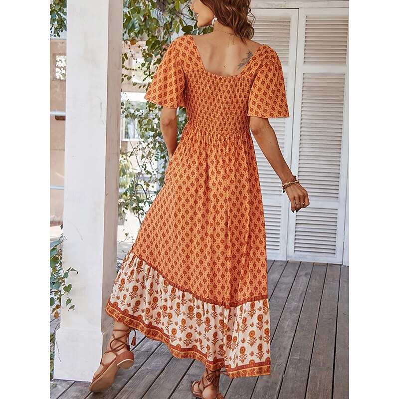 Women's Maxi Dress Casual Dress Swing Dress A Line Dress Stylish Casual Vacation Daily Regular Fit Floral Short Sleeve Square Neck Yellow Pink Orange Green Summer2