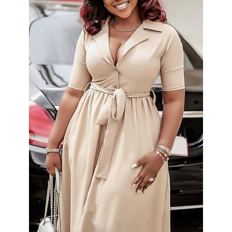 Women's Midi Dress Shirt Dress A Line Dress Elegant Formal Work Regular Fit Plain Half Sleeve Shirt Collar Red Royal Blue Apricot Summer2