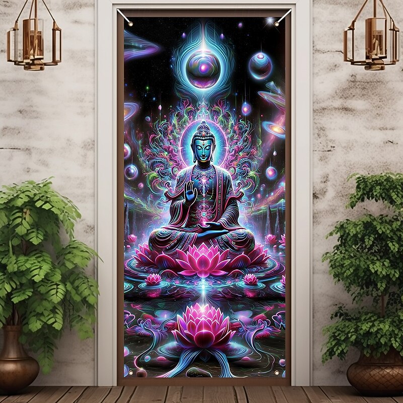 Blacklight Door Decorations Door Covers Glow in the Dark Mandala Bohemian Buddha Door Tapestry Door Curtain Decoration Backdrop Indoor/Outdoor Door Banner for Front Door Farmhouse3