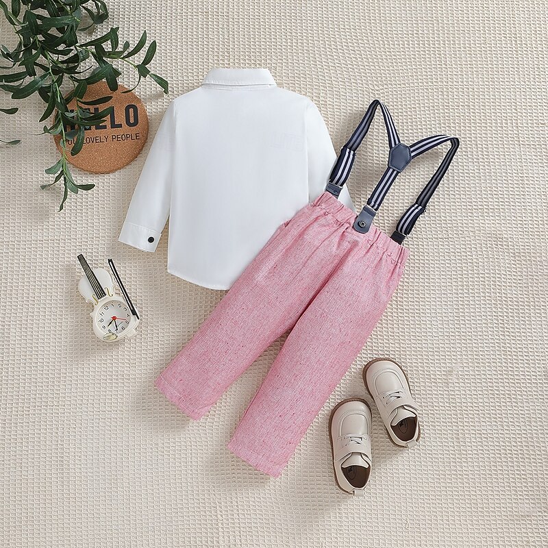 3 Pieces Ring Bearer Suit Boys Kids Toddler Shirt & Pants School Formal Party Fashion Basic Casual Solid Color V Neck Pink Green Cotton3