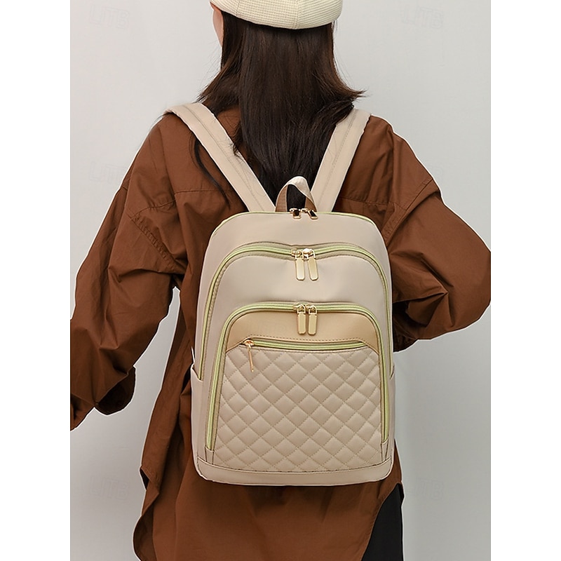 Women's Beige Quilted Backpack with Double Zippers, Gold Trim, Adjustable Straps - Stylish and practical women's backpack, perfect for work, school or casual outings Black Pink Brown