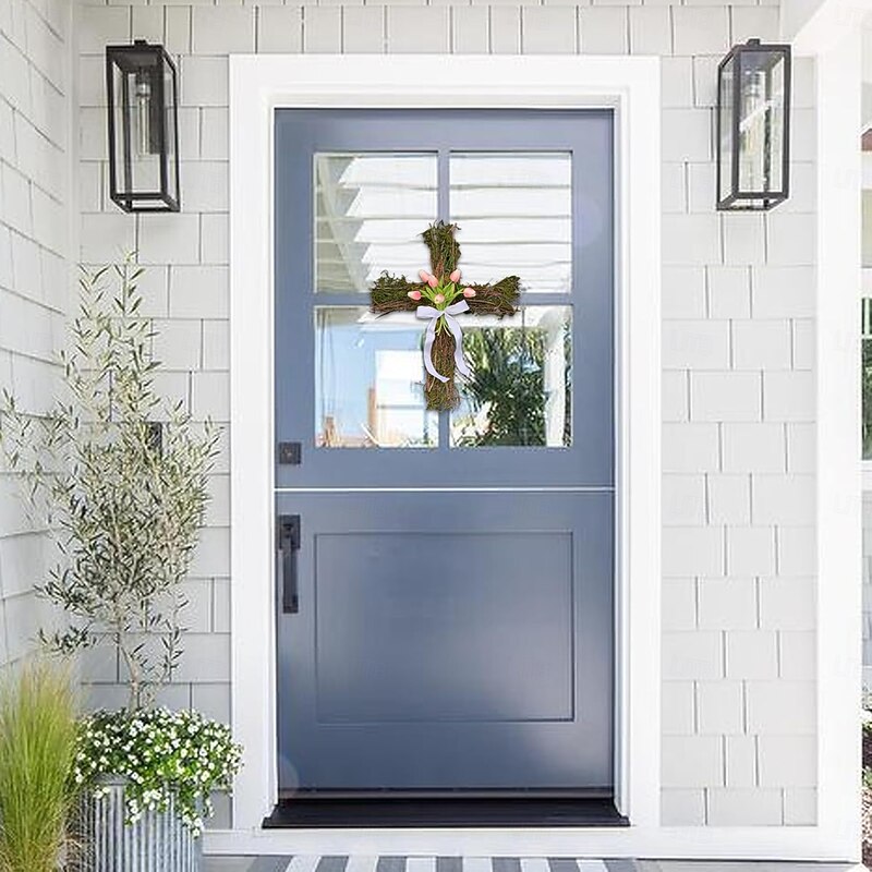 Cross Wreath Cross Sign with Artificial Cross Sign Door Hanger Easter Cross Wreaths for Front Door Spring Decorations for Door Wall, Cross Sign3