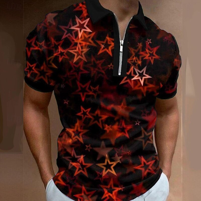Men's Geometric Star Zip Polo Short Sleeve Turndown Casual Daily Outdoor Dailywear Athleisure Zipper Summer Violet Red Blue4