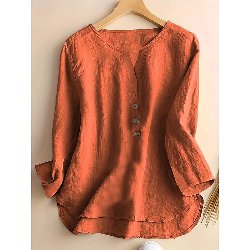 Women's Shirt Blouse Solid Color Stylish Casual 3/4 Length Sleeve Crew Neck Regular Tops Daily Buttons Black White Pink Navy Blue Orange Summer Spring3