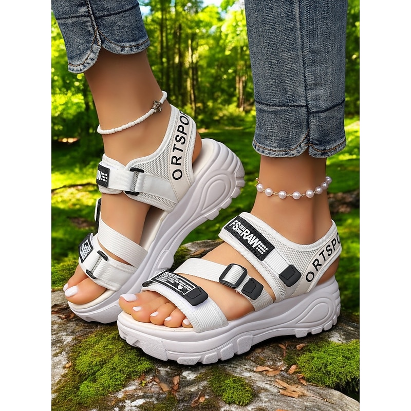 White Sporty Chunky Sandals for Women – Trendy Platform Sneakers with Adjustable Straps, Perfect for Casual Outings and Active Days