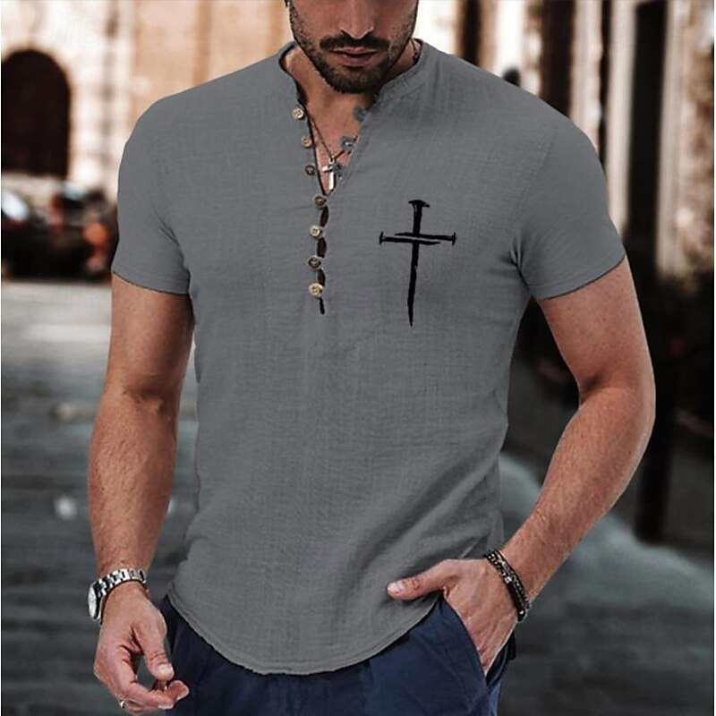 Men's Shirt Popover Shirt Summer Shirt Casual Shirt Beach Shirt Button Up Shirt Wine khaki Gray Short Sleeve Classic Cross Band Collar Henley Vacation Hawaiian Buckle Clothing Apparel Fashion Casual2