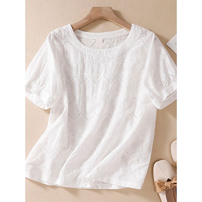 Women's Blouse Cotton Linen Shirts Solid Color Stylish Casual Short Sleeve Crew Neck Regular Tops Daily Holiday Going out Hollow Out White Orange Green Summer Spring