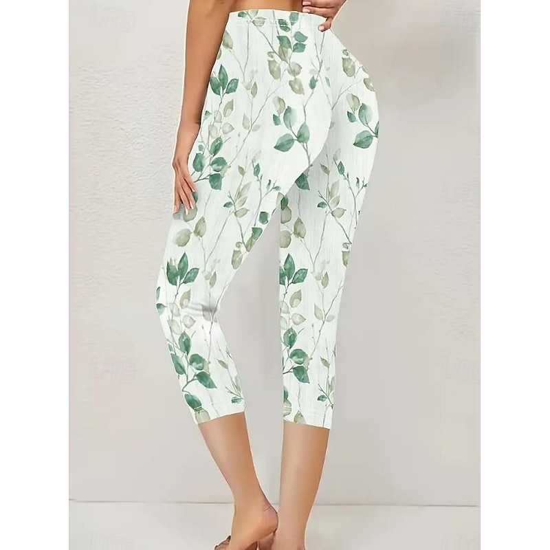 Women's Leggings Capri Pants High Elasticity Vacation Fashion Hawaiian Ankle-Length Mid Waist Floral Printing Thermal Warm Breathable Soft  Vacation Casual Daily Apple Green Summer Spring Regular Fit2
