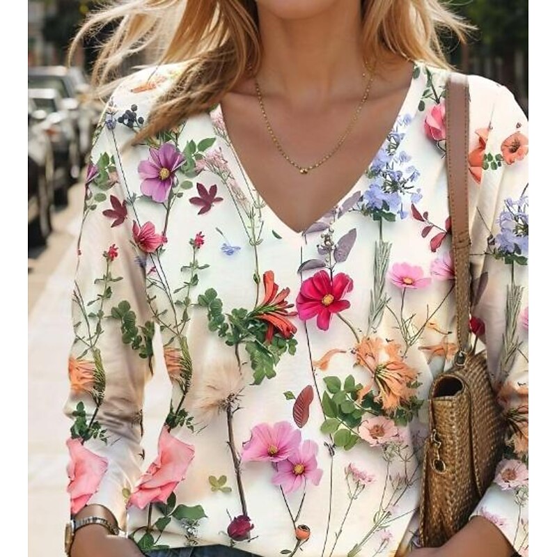 Women's T Shirt V Neck Long Sleeve Tunic Fashion Modern Casual Regular Tops Daily Weekend Print Pearl Wine Blue Purple Green Fall Winter2