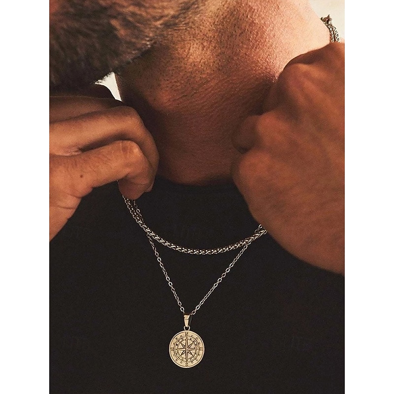 Men's Vintage Compass Pendant Necklace – Alloy Metal Double-Layer Chain, Nordic Viking Amulet, Nautical Jewelry for Travel & Adventure4
